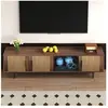Meuble tv brun avec barre lumineuse led, porte en verre trempé et lowboard avec texture sculptée