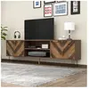 DREAMMESPACE Meuble TV - Armoire TV en bois massif - 2 portes - Poignées dorées - Pieds en fer marron - Design contemporain