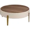 Table basse ronde en noyer, bois beige et acier poli doré