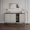 MENZZO Buffet bas 3 portes et 3 étagères Ginda 142cm Bois Marron et Noir effet Marbre et Métal Noir