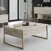 MENZZO Table basse Sibylle L90xH40cm Bois Effet travertin et Métal Or