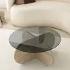 MENZZO Table basse ronde design d75cm verre fumé gris et effet travertin beig