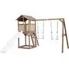 Aire de jeux en bois marron avec 2 balançoires et toboggan gris Axi