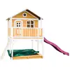 Maisonnette en bois brun/ blanc sur pilotis avec toboggan violet Axi