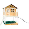 Maisonnette en bois brun/ blanc sur pilotis avec toboggan violet Axi