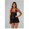 Christine - Nuisette avec string "Fleur de Plaisir" - Noir/Rouge