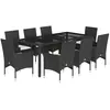 vidaXL Ensemble à manger de jardin et coussins 9 pcs noir rotin verre