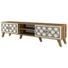 DMORA Meuble TV Dpietr, Buffet de salon, Armoire basse pour TV, Base murale de rangement, 180x35h44 cm, Noyer et Blanc