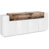 DMORA Buffet Loris, Buffet de cuisine avec 4 portes, Buffet de salon, 100% Made in Italy, 200x45h86 cm, Blanc brillant et érable