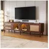 Wishdor - Meuble tv marron de 180 cm, Meuble tv led avec 2 tiroirs en rotin, 2 portes en verre cintrées et 1 porte en rotin