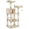 FEANDREA Arbre à Chat Hauteur 143 cm, Tour de Jeux pour Chat, avec 11 Poteaux à Griffer, 2 Plateformes, 1 Niche, 1 Hamac, 2 Pompons, en Tissu Peluche,