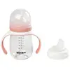 Béaba , Biberon verre d'apprentissage 2 en 1 210 ml + housse silicone - old pink