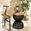 MACABANE Table d'appoint en rotin noir plateau en bois de teck recyclé