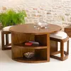 MACABANE Eden - Table basse ronde marron 2 tabourets avec coussins écrus bois Mindi