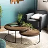 MACABANE Tables basses gigogne en teck recyclé acacia mahogany métal noir D80