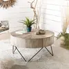 MACABANE Table basse ronde nature plateau en teck pieds épingles métal noir D90