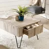 MACABANE Table basse 2 tiroirs plateau en teck pieds épingles métal L90