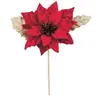 Fleur Poinsettia rouge 9cm sur tige avec feuilles dorées