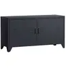HOMCOM Meuble TV banc TV design industriel - 2 placards, 2 étagères, 4 passe-fils - tôle métal noir