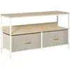 HOMCOM Meuble TV bas sur pieds style industriel 2 tiroirs tissu gris acier MDF blanc bois clair