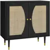 HOMCOM Buffet 2 portes 2 étagères style bohème cannage rotin aspect bois noir