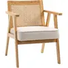 HOMCOM Fauteuil lounge dossier cannage structure bois hévéa aspect lin beige