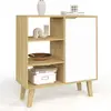 Buffet d'appoint 3 étagères et placard 70 cm blanc et bois façon hêtre