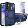 BOOLING 2 Verres Trempés + Coque pour Samsung Galaxy S25 Bleu Marine Anti-Rayure Renforcée Cache Caméra Support Anneau