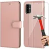 PROSHOP Pack de 2 Verres Trempés et Coque Pour Samsung A51 (6.5") Rose Effet Cuir Protection 360 degré Porte-Carte Portefeuille