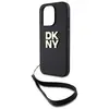 DKNY Coque pour iPhone 15 Pro avec Logo Métallisé et Sangle de Poignet Noir