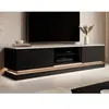 VENTE-UNIQUE Meuble TV 2 tiroirs et 2 niches avec LEDs en MDF - Noir et effet marbre blanc - DEVIKA