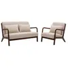 SWEEEK Banquette 2 places + Fauteuil en bois et tissu beige. bois d'hévéa teinté noyer clair