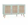 SWEEEK Buffet de rangement en cannage vert céladon 120x39x70cm - Bohème - 2 niveaux. 3 portes. pieds scandinaves