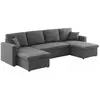 SWEEEK Canapé panoramique convertible en tissu gris foncé 4 places coffre rangement lit modulable