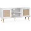 Sweeek Meuble Tv En Cannage 120x39x56.5cm - Bohème - Blanc 2 Niveaux 2 Étagères 2 Portes Pieds