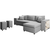 LOUNGITUDE Canapé d'angle convertible et poufs en tissu - Gris clair