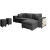 LOUNGITUDE Canapé d'angle convertible et poufs en tissu - Gris foncé