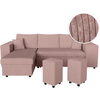 LOUNGITUDE Canapé d'angle MADY convertible avec coffre, rangement poufs à droite en velours côtelé rose