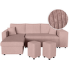 LOUNGITUDE Canapé d'angle réversible convertible OSLO avec coffre, 2 poufs à droite en velours côtelé rose