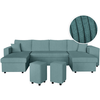 LOUNGITUDE Canapé panoramique OSLO convertible avec 2 coffres, 2 poufs à droite en velours côtelé bleu clair