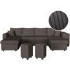 LOUNGITUDE Canapé panoramique OSLO convertible avec 2 coffres, 2 poufs à droite en velours côtelé gris foncé