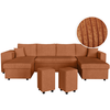 LOUNGITUDE Canapé panoramique OSLO convertible avec 2 coffres, 2 poufs à gauche en velours côtelé terracotta