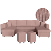 LOUNGITUDE Canapé panoramique OSLO convertible avec 2 coffres, 2 poufs à gauche en velours côtelé rose