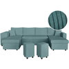 LOUNGITUDE Canapé panoramique OSLO convertible avec 2 coffres, 2 poufs à gauche en velours côtelé bleu clair