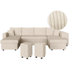 LOUNGITUDE Canapé panoramique avec 2 poufs droit en velours côtelé - Beige