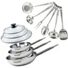 Set de 3 poêles 20, 24 et 28 cm en inox, 3 couvercles verre et 6 usten...