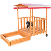 Bac à sable Bac à sable avec couverture et protection solaire en bois pour enfants, 182 x 100 x 140, avec véranda et garde-corps, toit rouge blanc