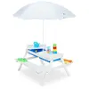 Relaxdays Table de jardin pour enfants, en bois, bacs pour jouer avec l eau et le sable, parasol inclus, blanche