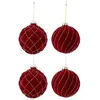 J-Line Boite De 4 Boule De Noel 2+2 Lignes/Carreaux Velours Rouge/Or TU