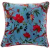 J-Line coussin Oiseaux/Fleurs - velours/coton - bleu